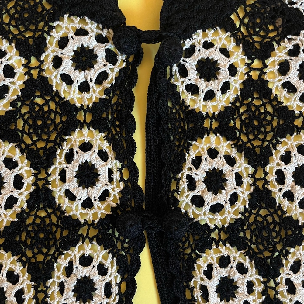 Mod Vintage Handmade Crochet Cardigan Sweater, Black and White - Picture 7 of 7